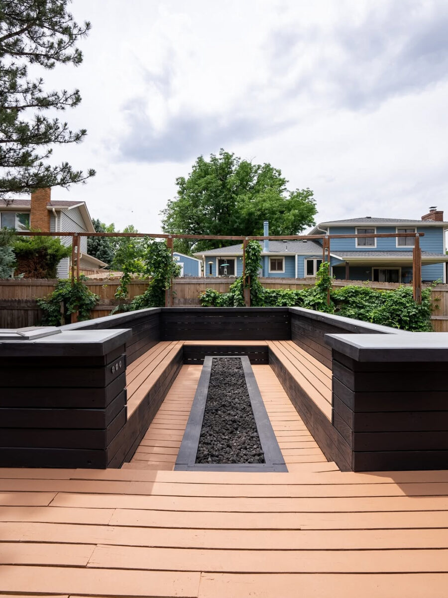 Custom outdoor entertaining deck with integrated fire feature