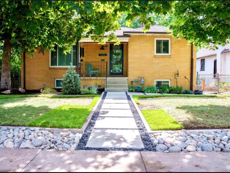 Residential entry landscape with lawn, stone, and a modern walkway